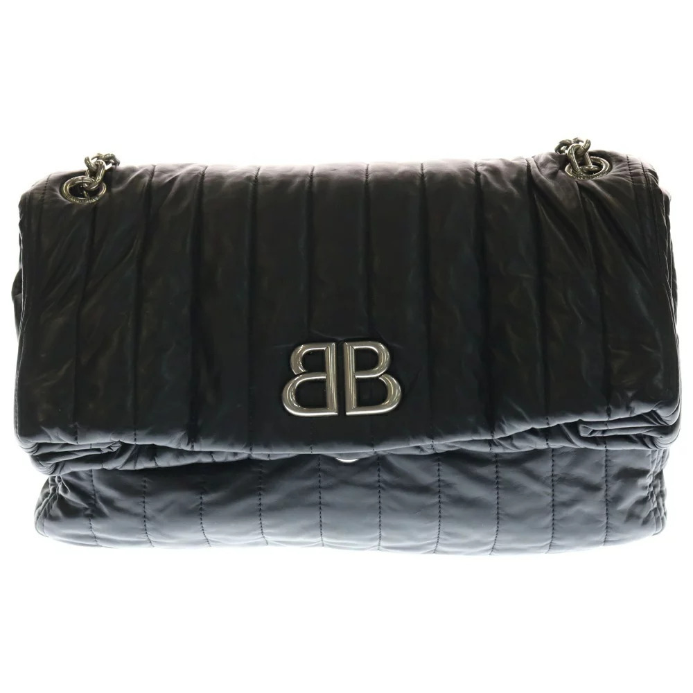 BALENCIAGA MONACO BAG CHAIN Logo Leather Quilted Shoulder Black